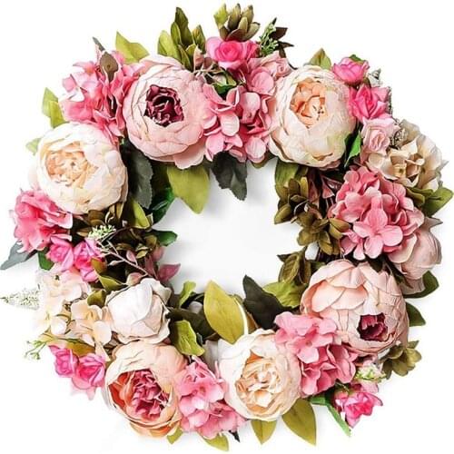 Artificial Peony Flower Wreath - 18 Inch Pink Flower Door Wreath Spring Summer Fall Winter Wreath with Green Leaves