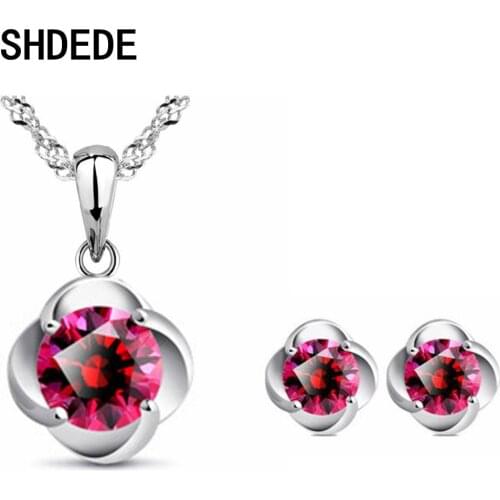 SHDEDE Cubic Zirconia Jewelry Sets for Women Stud Earrings Necklace Anti Allergy Accessories Party Gift
