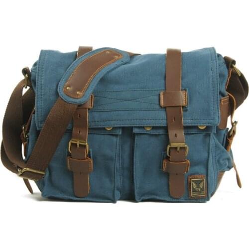 European and American Style Retro Canvas 14 Inch Laptop Bag Crazy Horse Leather Messenger Shoulder Bag for Women and Men