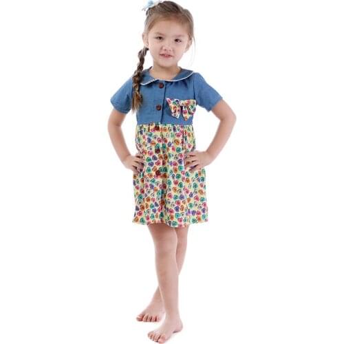 Kaiya Angel 2019 Summer Cute Style Dress Girl Clothes Turn-down Collar Decorated Bow Short Sleeve Clothing Factory Wholesale