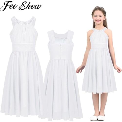 Summer Flower Shaped Rhinestone Girls Costumes Halter Neck Chiffon Dress for Kids Teen Weeding Party Vestidos Princess Dress