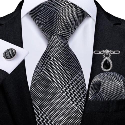 Fashion Black Ties For Men Houndstooth Neck Tie Pocket Square Cufflinks Wedding Business Mens Accessories Brooch DiBanGu