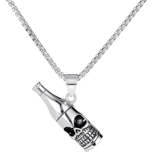 New Design Skull Beer Bottle Pendant Necklace Hip Hop Corkscrew Gothic Jewelry Inoxyadabl Solid Metal Party Bar Rock Luxury Gift