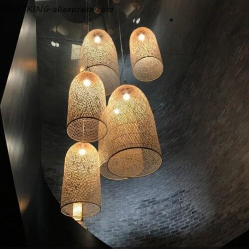 New Chinese Lantern Hotel Tea Staircase Hotel LED Bamboo Pendant Lights Hand Rattan Weaving Wood Pendant Lamp Lighting Luminaire