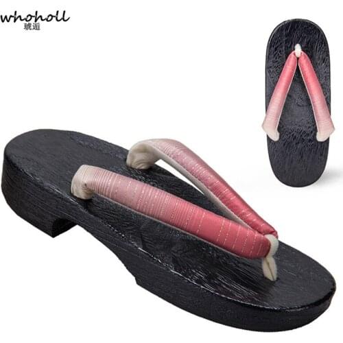 WHOHOLL women Flip-flops Kimono Slippers Japanese Wooden Clogs geta Flat Platform slippers Small Size 33 34 Cosplay Costumes