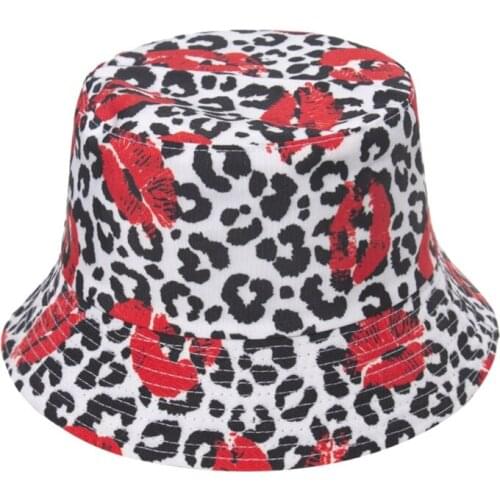 Unisex Summer Reversible Double Sided Bucket Hat Boho Leopard Lips 3D Print Wide Brim Sunscreen Panama Fisherman Cap