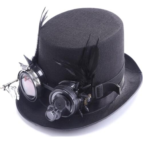 Steampunk Hat Black Feather Rivets Glasses Top Hat Street Vintage Anime Cosplay Men Women Fedora Hat Halloween Party