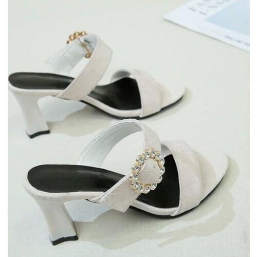 Style Metal Decoration Women Slippers High Heels Femmes Sandales Black Red Leather Summer Party Shoes Woman Stiletto Mules