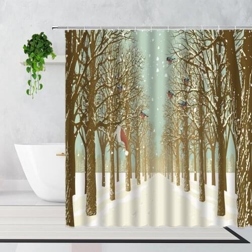 Winter Forest Snowflake Bird Shower Curtains Christmas Decoration Background Bathroom Waterproof Bath Curtain Fabric With Hooks