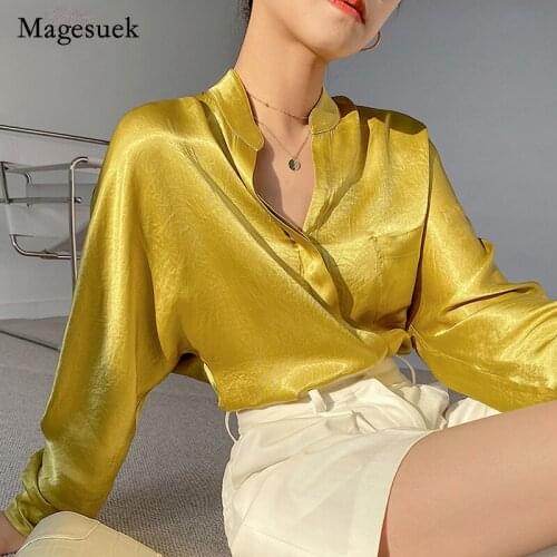 Long Sleeve Pocket Shirt Elegant Turn Down Collar White Shirt Office Lady Satin Silk Solid Blouse Vintage Button Woman Top 16947
