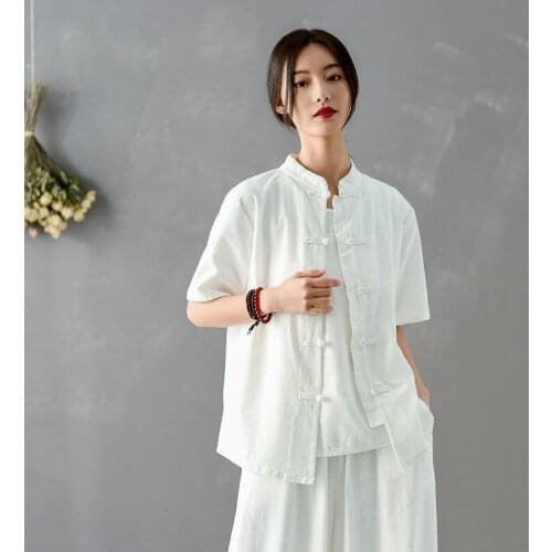 2021 Spring Summer New Cotton and Linen Shirt for Women National Style Retro Short Sleeve Shirt Top Morning Exercise Tai Chi Top