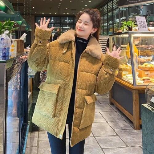 Korean Style Women Corduroy Cotton Jacket Winter Thicken Warm Fur Turn-Down Collar Parkas Zipper Big Pocket Female Padded Coat
