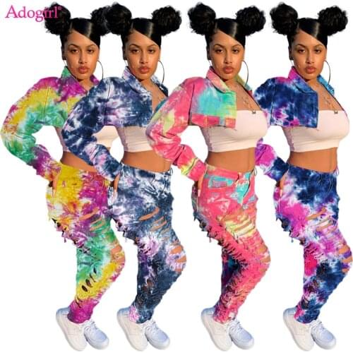 Adogirl Women Tie Dye Print Jeans Two Piece Set Long Sleeve Short Jacket Distressed Ripped Denim Pencil Pants Casual Suits
