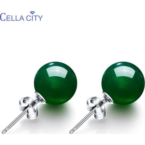 Cellacity Simple Round Green Chalcedony Ear Studs Gemstones Earrings for Women Delicate Silver 925 Jewelry Female Gift Wholesale