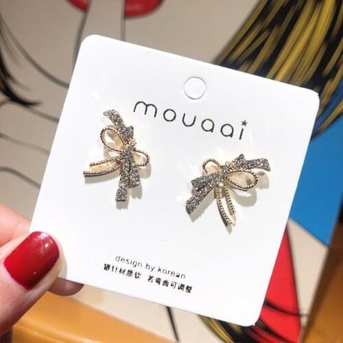 Silver Plated Needles Rhinestone Bowknot Threaded Golden Alloy Metallic Bow Tie Hollow Women Stud Earrings