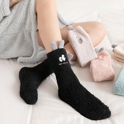 Womens warm breathable coral wool socks cute funny cartoon embroidered thicken Autumn /Winter warm terry socks size of 35-39