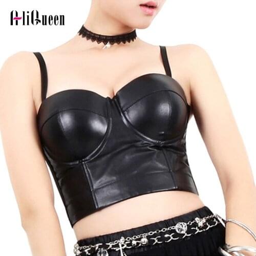Women Streetwear Black PU Crop Tops female Party Club Vinyl Lingerie Vest Tank Top Sexy Lingerie Faux Leather Bustier Bras Top