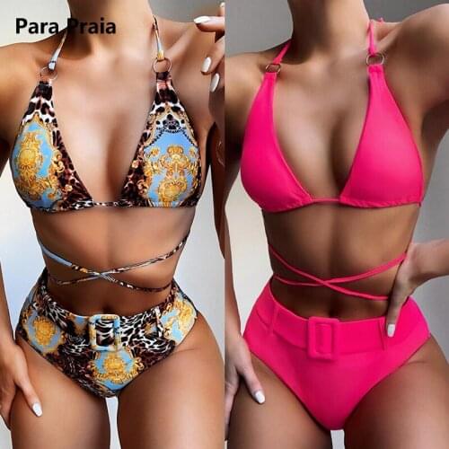 Para Praia Sexy Bikini Bandage Push Up Bikini Set Belt Swimsuit High Waist Swimwear Strings Backless Bathing Suit Women