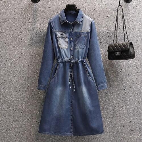 L-4XL plus size women vintage casual denim dress autumn winter 2021 long Sleeve button letter embroidery blue denim dresses