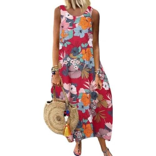 Women Summer Dress Plus Size Vintage Floral Print Loose Female Sundress Round Neck Sleeveless Large Hem Beach Maxi Dresses