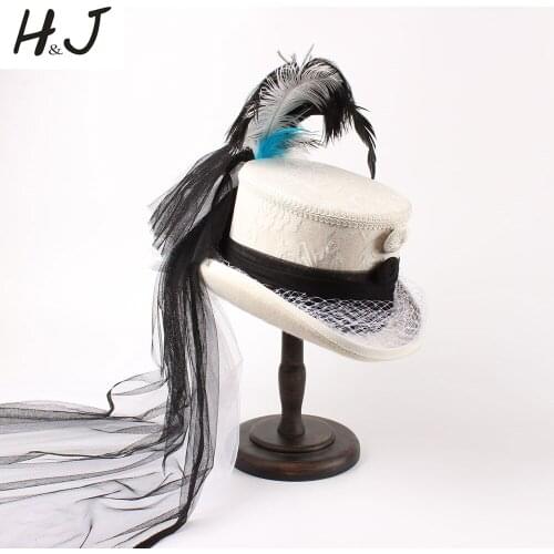 15CM 4 Size White Wool Women Bride Handwork Fedora Top Hat Lady Mesh Steampunk Beaver Feather Party Wedding Hat
