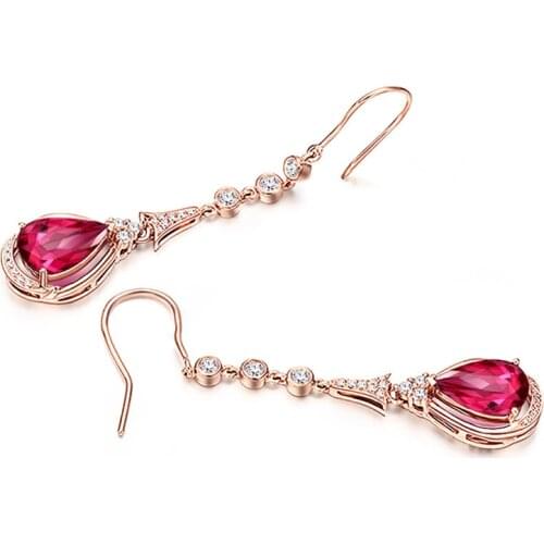18Kc Rose Gold Waterdrop Dangle Earrings with Red Crystal, Delicate Womens Fashion Ruby Long Drop Earrings Jewelry Gift for Her