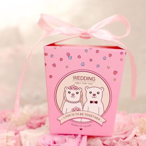 20pcs/lot Creative Sweet Love Heart Pink Color Couple Cartoon Animal Wedding Candy Box With Ribbon Party Favor Gift Box