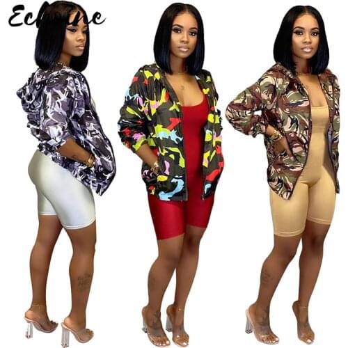 2020 High Quality Women Windbreaker Jacket Spring Summer Camo Thin Female Camouflage Butterfly Windbreaker Coats Hooded Coats