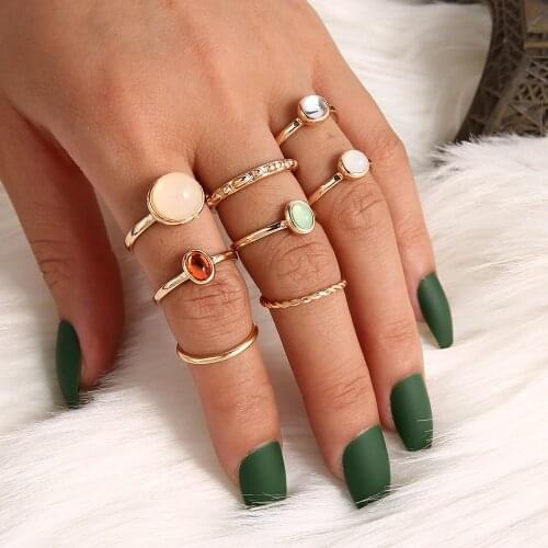 8 Pcs/Set Bohemian Opal Crystal Rings For Women Vintage Jewelry Gold Color Hollow Bohemian Geometric Rings Set