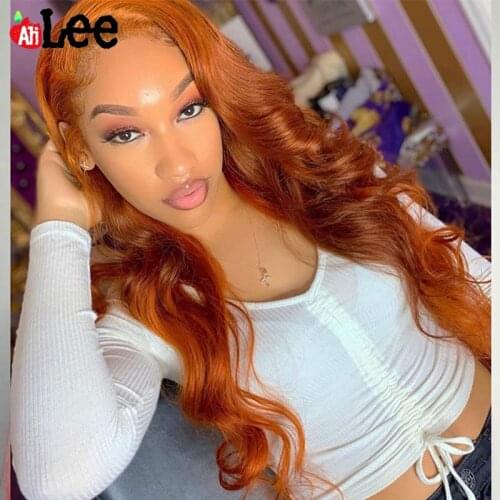 AliLee Transparent Lace Wigs Peruvian Body Wave Wigs Orange Ginger Color Pre-Plucked Lace Front Wig 180% Remy Human Hair Wigs