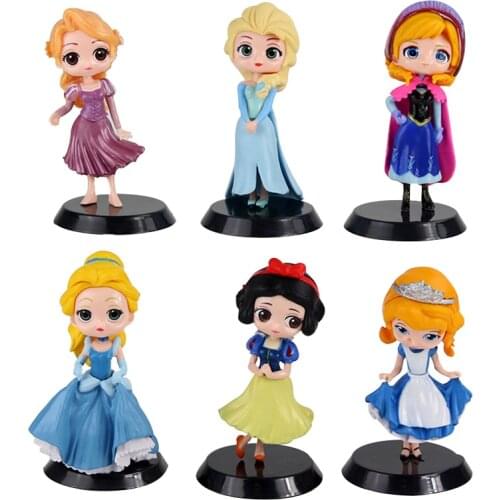 11cm 6pcs Q Posket Princess Figures Snow White Belle Elsa Anna Tangled Cinderella Collection Model Toys Doll