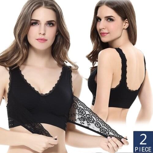 Queenral 2 Pcs Front Closure Bras For Women Plus Size Push Up Bra Seamless Bralette Sexy Lace Brassiere Wireless Solid S-3XL