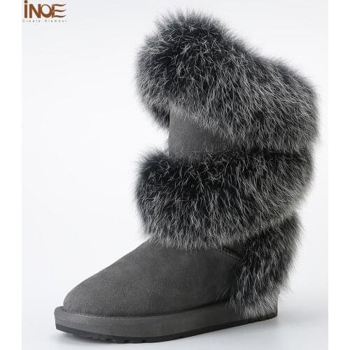 INOE Luxurious Fashion Soft Fox Fur Women High Winter Snow Boots Sheepskin Suede Leather Wool Fur Lined Winter Shoes Black Grey
