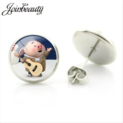JOINBEAUTY Cartoon Pig Painting Stud Earrings Love Music Lovely Animal Pig Ear Studs Round Jewelry Glass Dome Earrings PG52