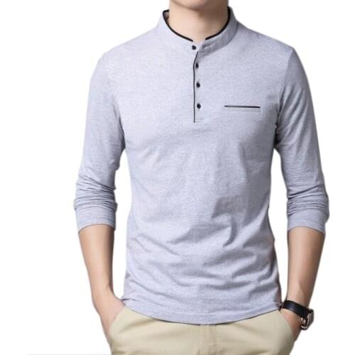 New Spring Men Cotton Solid Color Mandarin Collar Slim Fit Long Sleeve T Shirt Men Clothing 2020 Fashion Casual High Quality Top