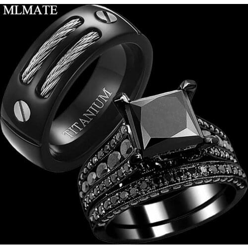Mens Ring Titanium Steel Cables Inlay and Womens Black Gold Princess Cut CZ Wedding Engagement Band Bridal Rings Set Jewelry