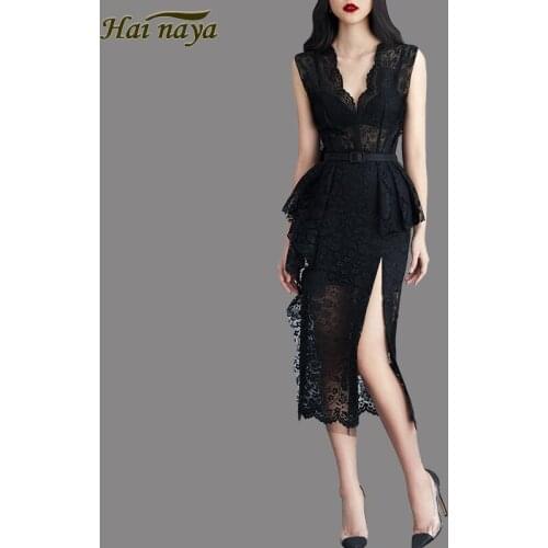 Dress Womens Summer New Lace Small Sexy V-neck Slim Bag Buttocks Sleeveless Split One-step Medium Length Dress