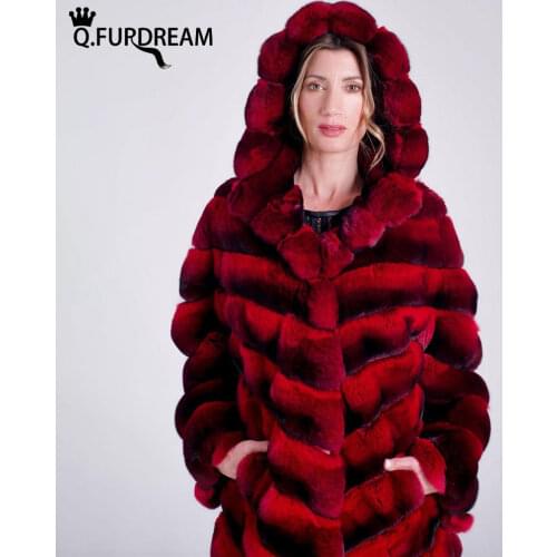 Q.FURDREAM New Woman Long One Size Natural Rex Rabbit Fur Coat Diagonal Stripe Jackat Winter Thick Warm Clothing Hat Sleeveless