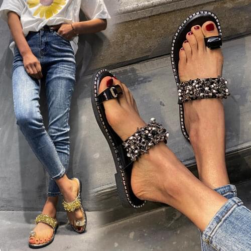 Shiny Sequins Flat Woman Sivler Flip Flops 35-43 Casual Clip-Toe Beach Sandals Ladies Fashion Crystal Black Gold Women Shoes
