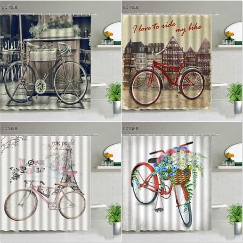 Bike Flower Landscape Printing Shower Curtains Set Retro Style Luxury Bathroom Decor Washable Fabric Bathtub Screen With Hooks