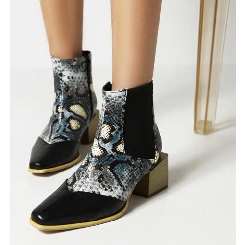 Street Fashion Womens Chelsea Boots, Pointed Toe Thick Heel Oversized Serpentine Stone Pattern Ankle Boots Elastic Band Shoes