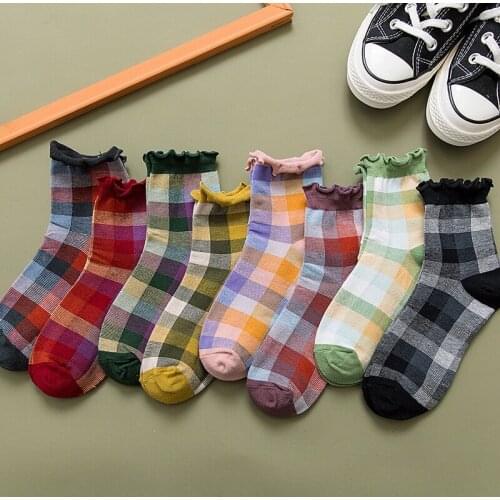 YIMUBA 2020 Spring Retro England Style Plaid Socks Everyday Colors Geometric Breathable Comfortable Ruffle Socks for Women Girls