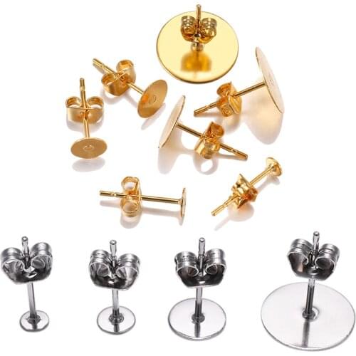 20-100pcs/lot 3-12mm Stainless Steel Blank Post Earring Stud Base Ear Pins With Earring Plug For DIY Jewelry Making Supplies