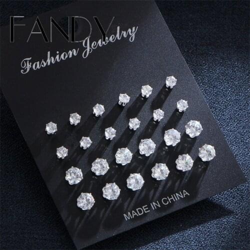 IF ME 12pcs/set Fashion Cubic Zirconia Stud Earrings Set For Women Charms Round Crystal Silver Color Statement Earring Jewelry