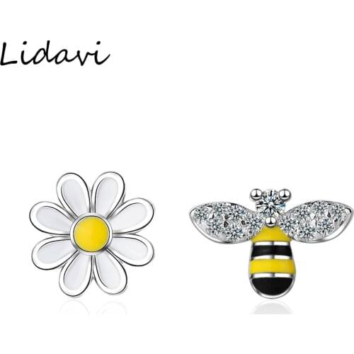 Lidavi 925 Sterling Silver Cute Flower Stud Earrings Enamel Bee Asymmetry Flower Earrings Fashion Jewelry For Women Gifts Bijoux