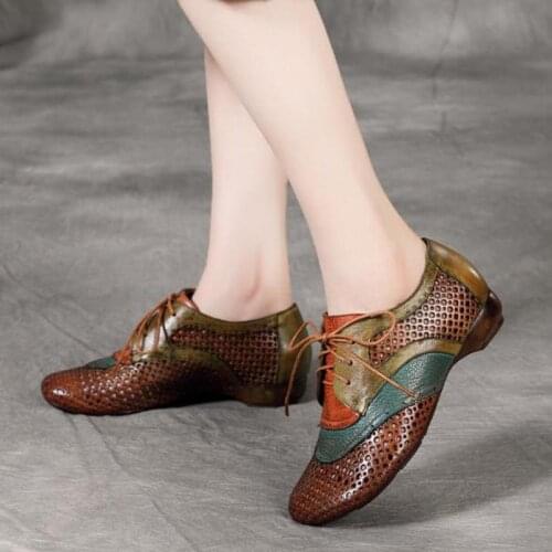 YourSeason Retro Hollow Flats Women Mixed Colors Lace Up 2020 New Round Toe Shallow Casual Ladies Genuine Leather Shoes