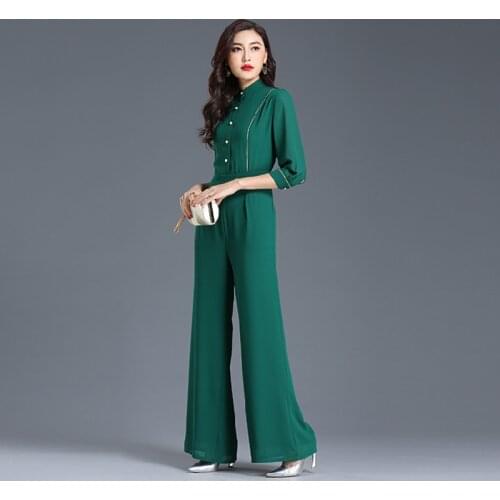 Jumpsuit for Women 2020 Summer Party Green High Waist Overalls Chiffon Bohemian Elegant Full Length Wide Leg Suit Plus Size 3XL