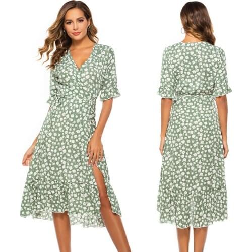 2021 Summer New Printed Ruffle Dress Short Sleeve V-neck Side Split Bohemian Beach Bandage Green MIDI Womens A-line Swing Dress