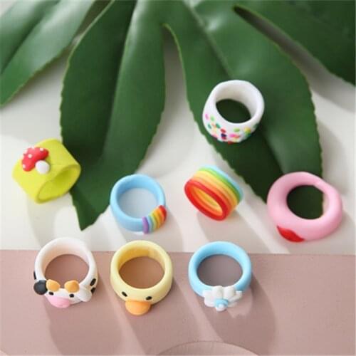 AOMU New Funny Colorful Handmade Clay Flower Rainbow Yellow Duck Cow Wide Version Ring for Women Girl Personality Jewelry Gift