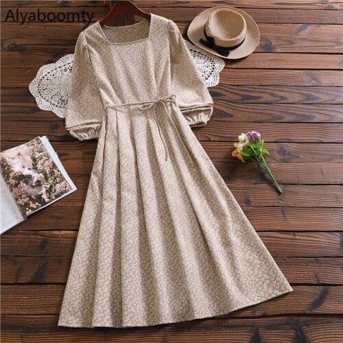 Mori Girl Autumn Winter Women Vintage Dress Square Collar Floral Printed Red Apricot Elegant Dress Sweet Corduroy Pleated Dress